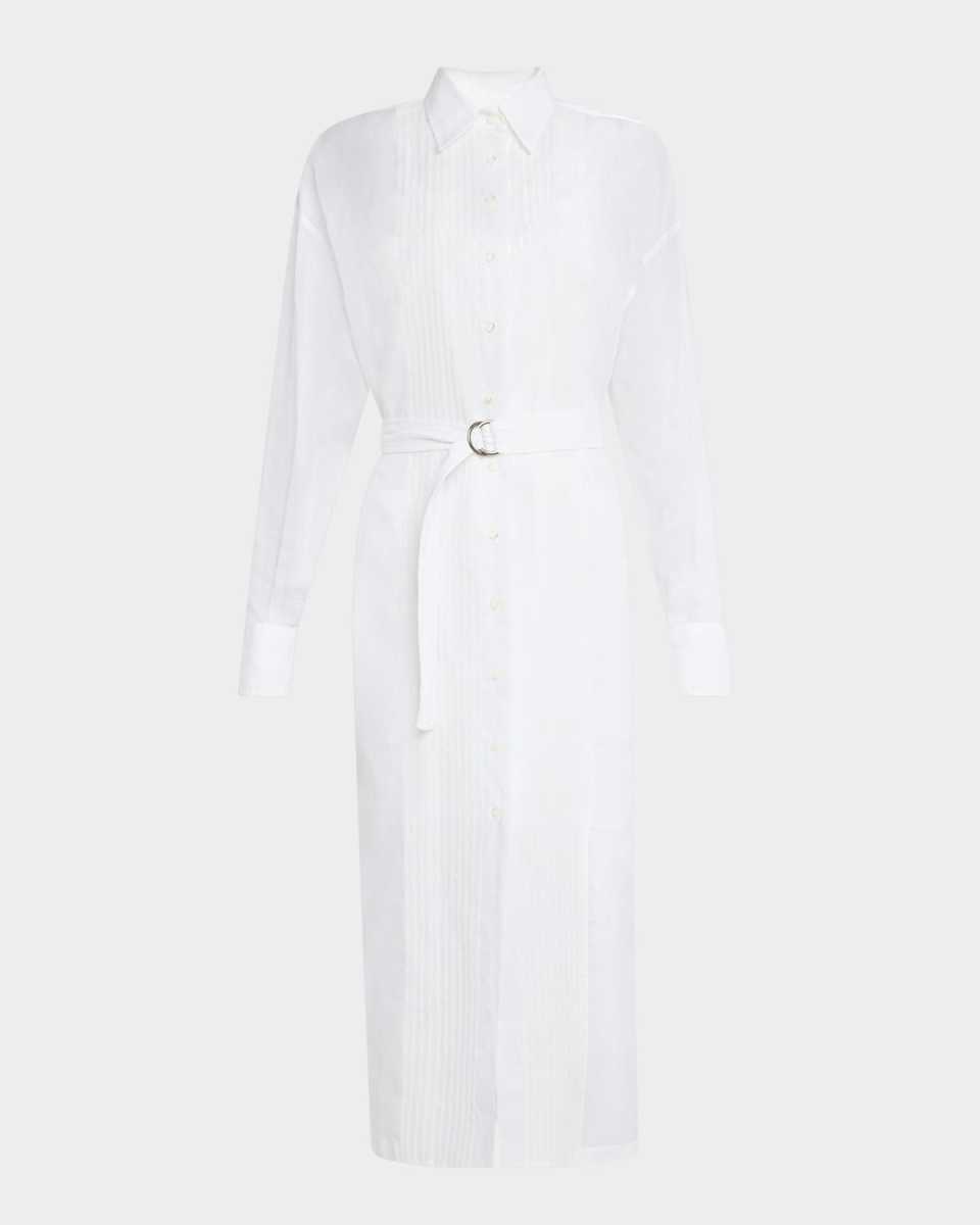 Tuxedo Bib Long-Sleeve Belted Organza Tunic Shirt